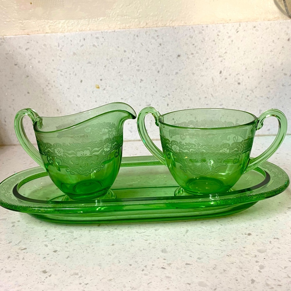 Green Depression Sugar and Creamer with Holder